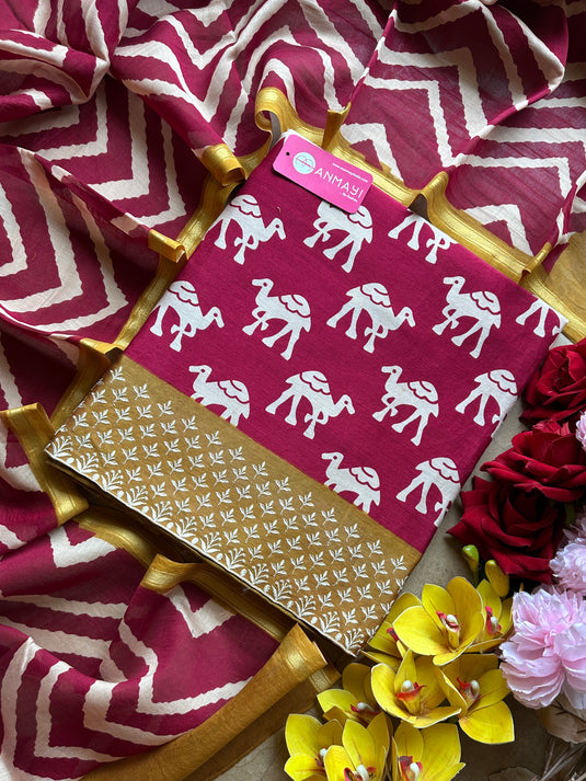 Block print pure 70 gms Chanderi suit set with embroidered borders