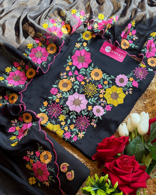 Georgette floral garden embroidered black suit set