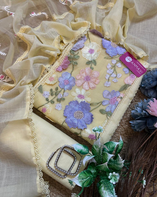 Coloured 3D floral patch linen cotton suits