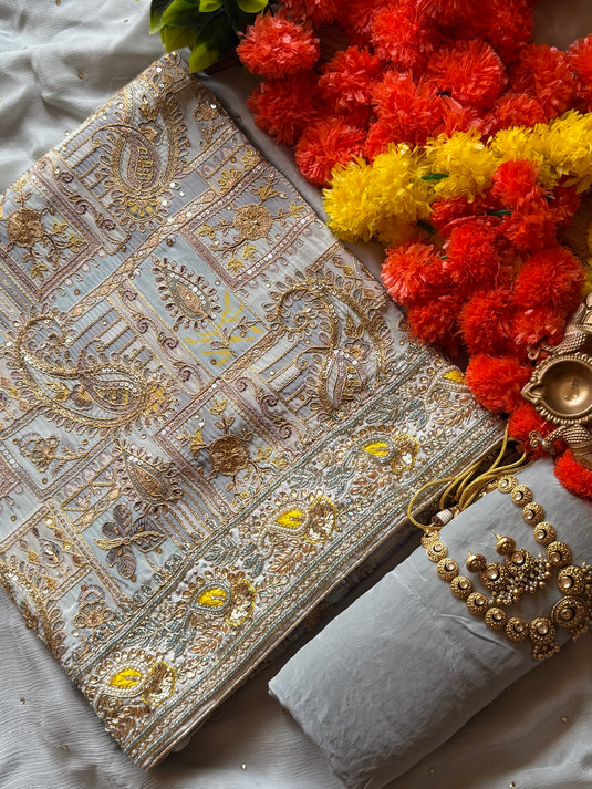 Shagun pure crepe highlighted embroidery suit with chiffon dupatta