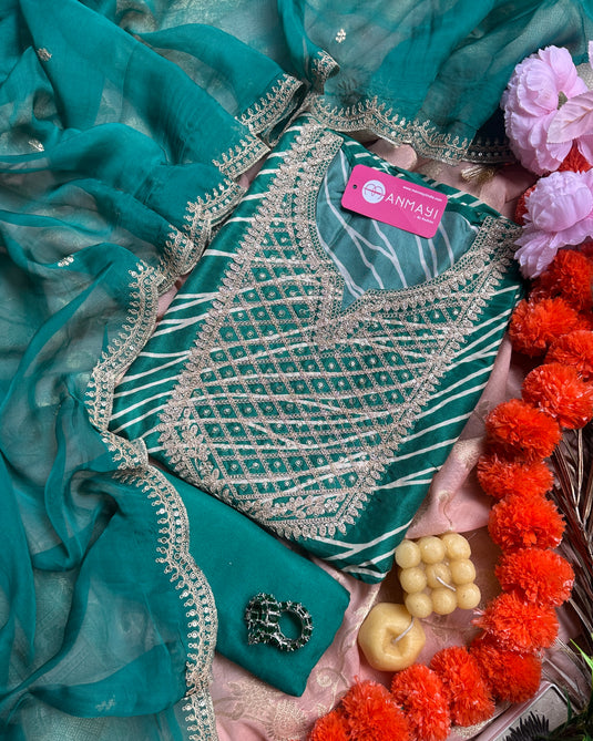 Pure Muslin silk digital lehria with Dori work and organza dupatta