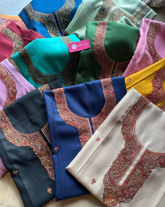 Aari work woollen suit set with highlighted