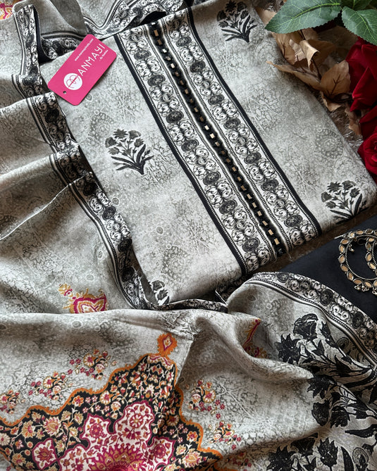 Grey black muslin suit set with mirror crochet neck