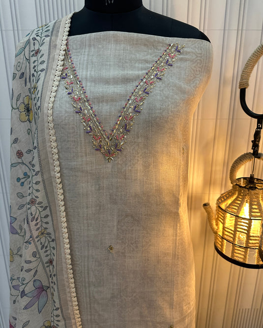 Ivory linen embroidered v neck suit set with digital print dupatta