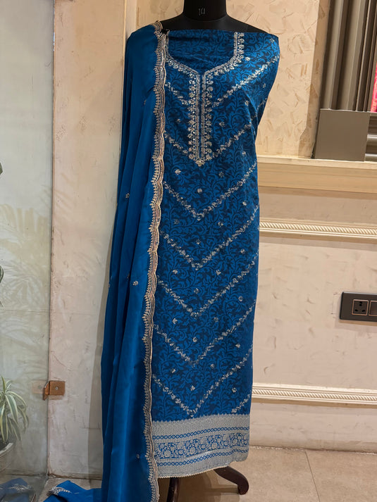 Cobalt Blue wave jacquard silk suit set with organza dupatta