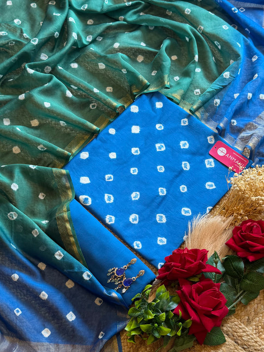 Pure Mul cotton Bandhani suit set with double shade dupatta