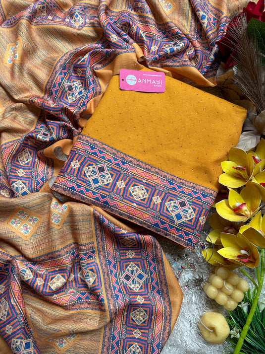 Swarovski work spun suit sets with printed shawls