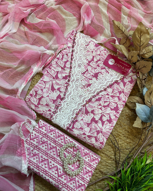 Crochet mirror v neck printed cotton suit set with chiffon dupatta