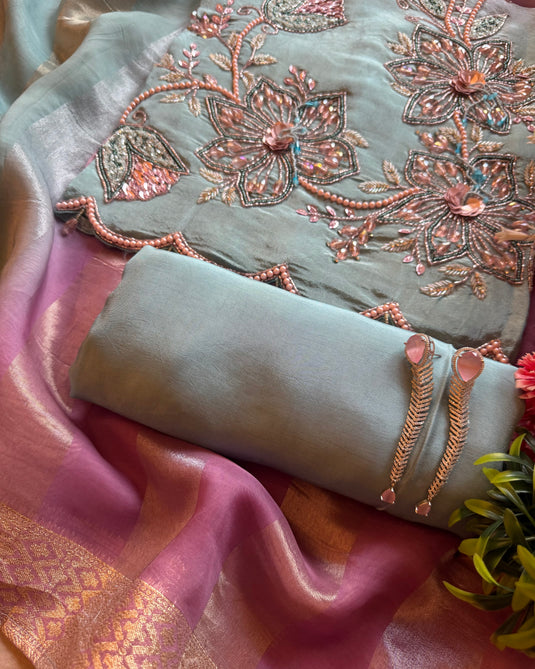 Intricate 3D embroidered shimmer silk suit set
