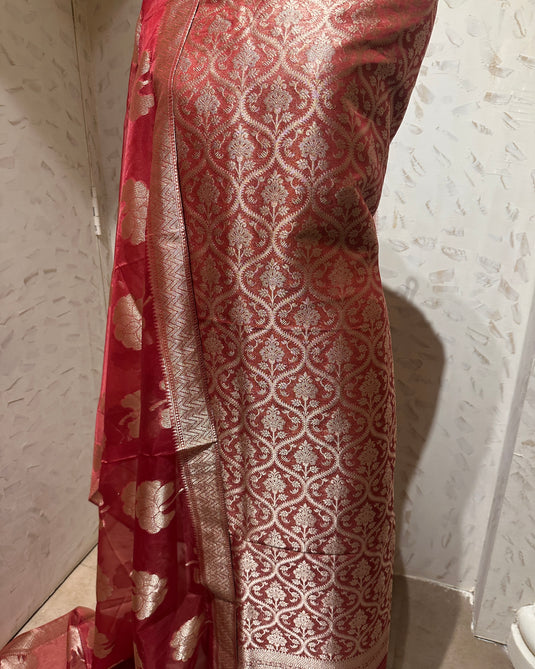 Pure brocade silk suit set with banarasi organza dupatta