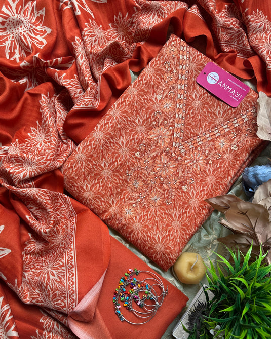 Embroidered V neck printed pashmina suit sets