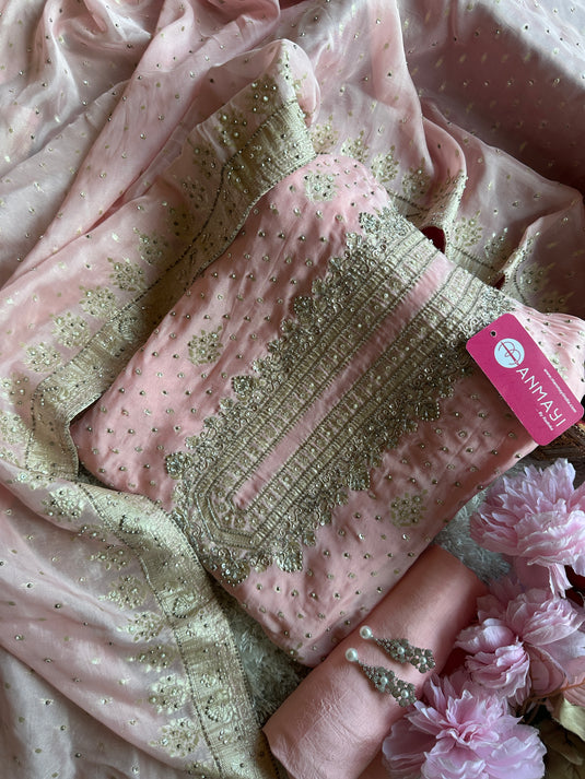 Hand embroidered pure organza banarasi suit set