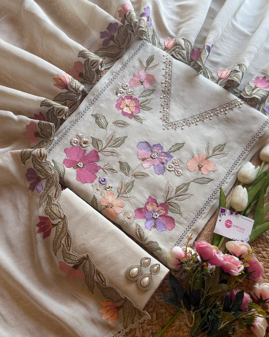 Embroidered panel pure mul cotton suit set