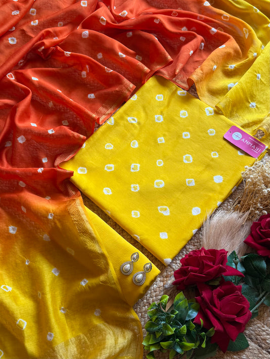 Pure Mul cotton Bandhani suit set with double shade dupatta