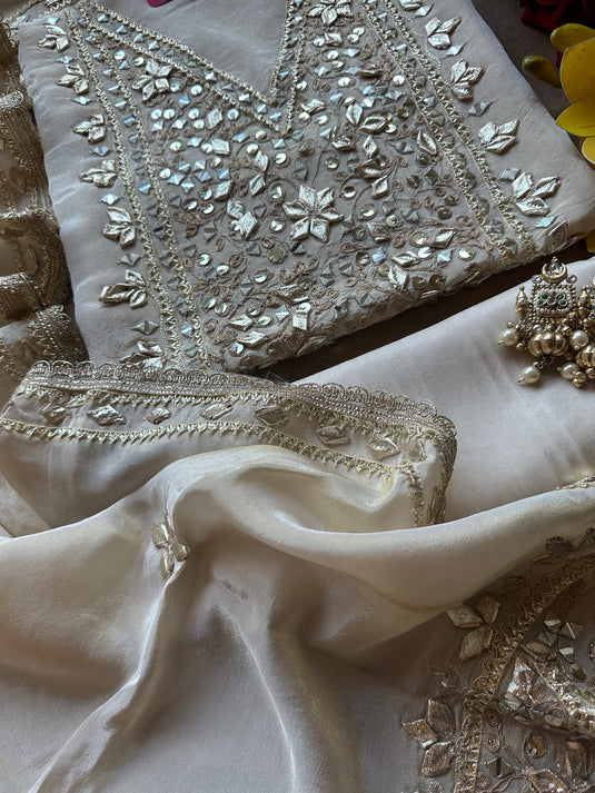 Shimmer tissue gotta mirror work suit set with cutwork dupatta