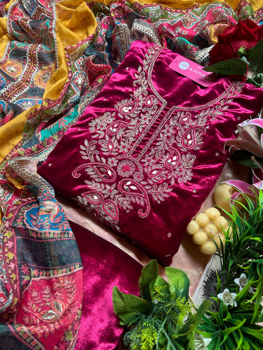 Soft and pure velvet suits with georgette gotta work dupatta