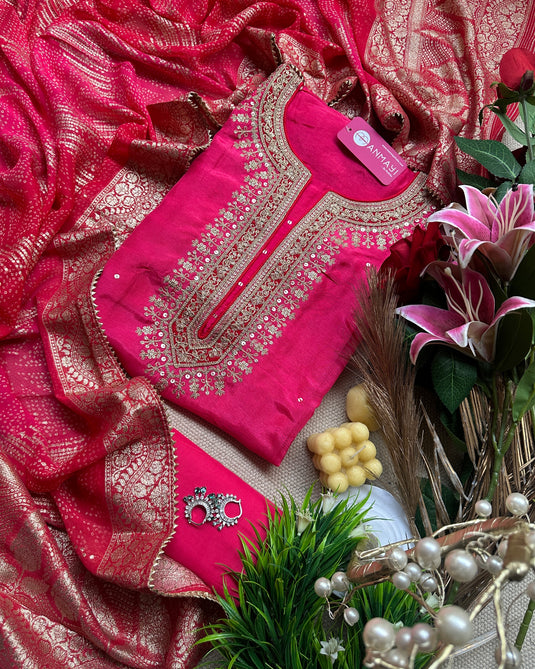 Raw silk embroidery shirt with Bandhani Jacquard work dupatta