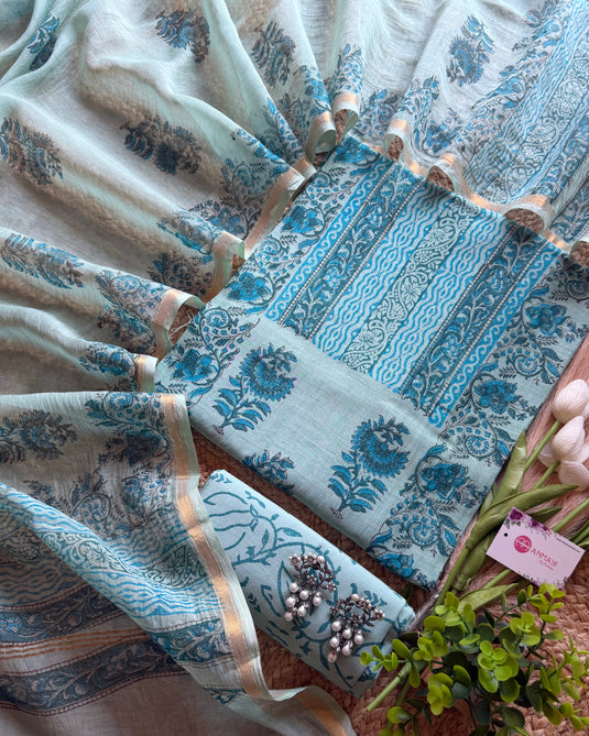 Mughal floral booti block print pure Mul Chanderi suit set