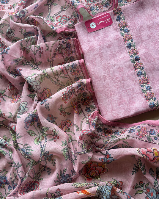 Linen suit set with printed Kantha embroidered dupatta