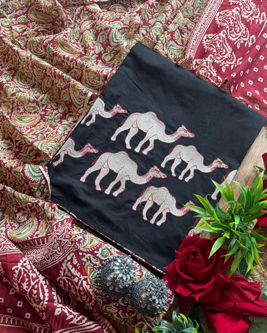 Cotton camel motif suit set with Ajrakh cotton dupatta and bottom