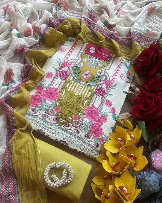 Pakistani style muslin cotton suit set with cotton dupatta