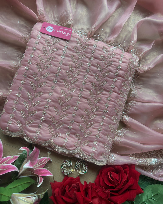 Hand embroidered cutdana work shimmer organza suit set