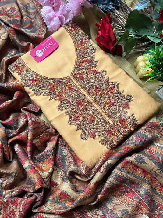 Kashmiri work woollen suits with printed shawls