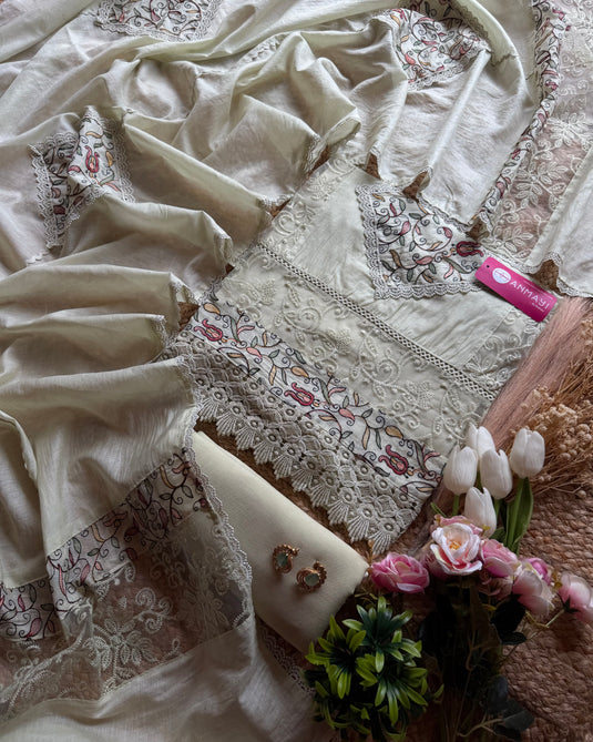 Rhombus embroidered patch Mul Chanderi suit set