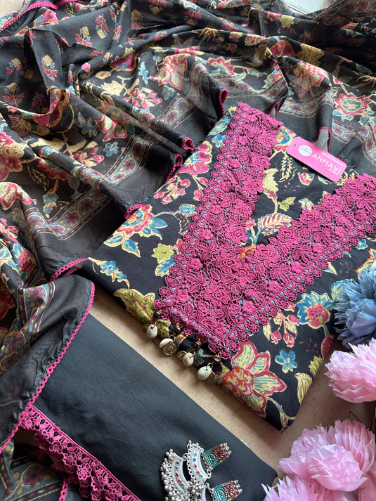 Floral cottons crochet v neck pure cotton suit set