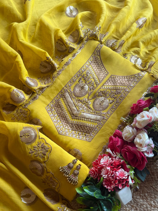 Seaquins Pakistani pattern bright mul chanderi suit set