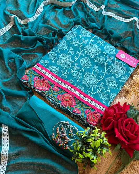 Embroidered border printed Cambric cotton suit with chiffon dupatta