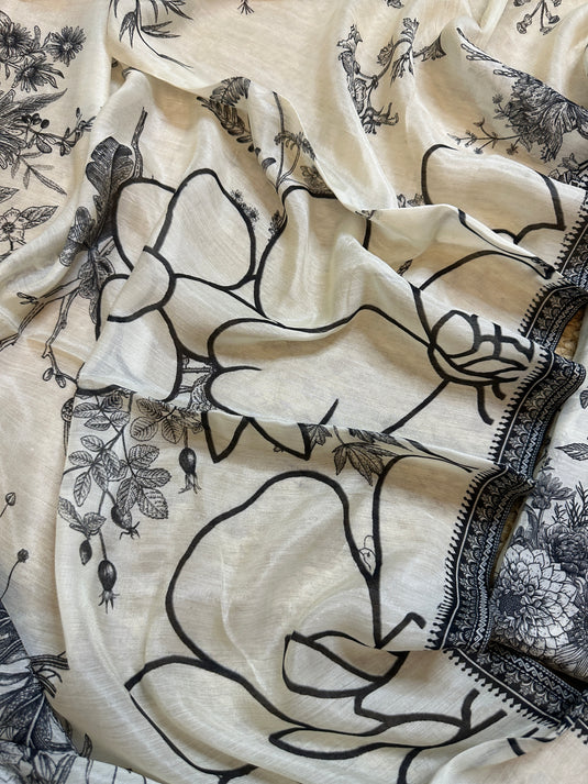 Black and White pure muslin suit set with highlighted v neck