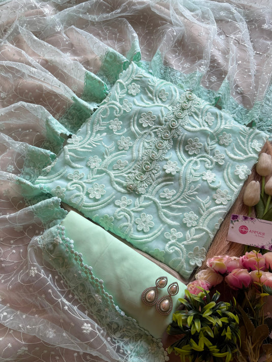 Super net 3D crochet flower Pakistani suit set