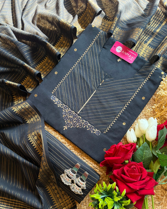 Handloom cotton temple neck suit set