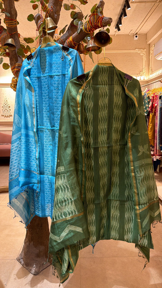 Shibori print pure mul chanderi suit set with pintex details
