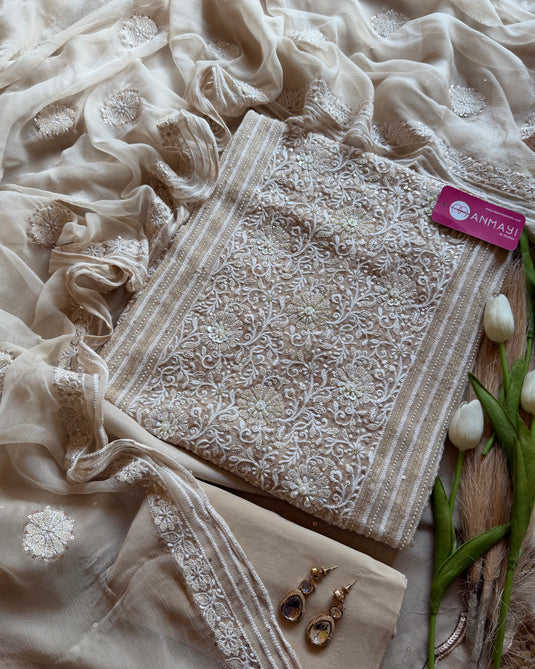 Pure Georgette Chikankari panel Suit Set with chiffon patched dupatta