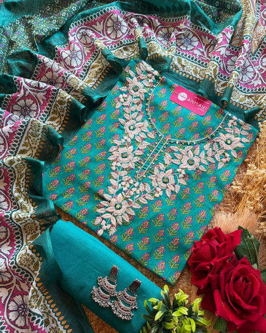 White thread work next printed Cambric cotton suit