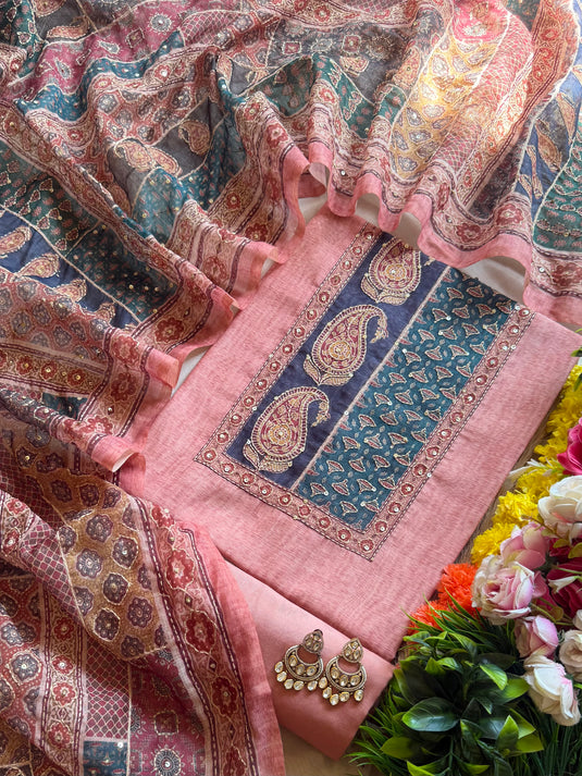 Kairi print Chanderi suit set with Kantha work dupatta