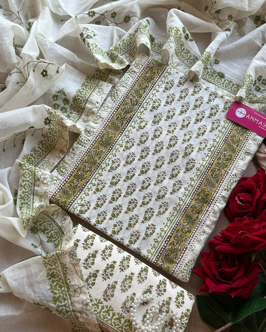 Panel block print suit embroidered suit with embroidered cotton dupatta