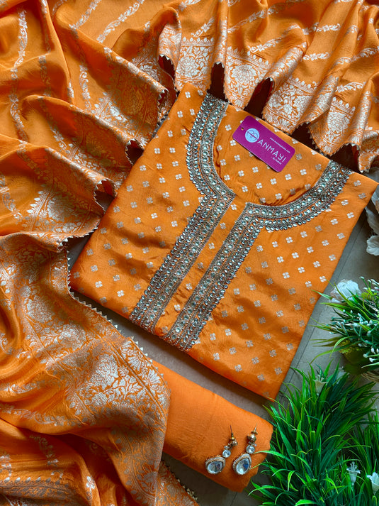 Dolla Silk Banarasi Kundan kurta Patti suit set