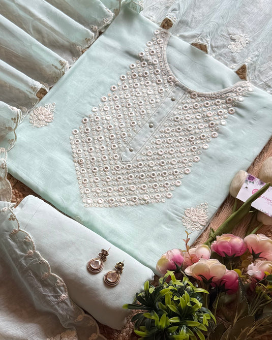 Paper mirror work pastel festive Mul Chanderi suit set