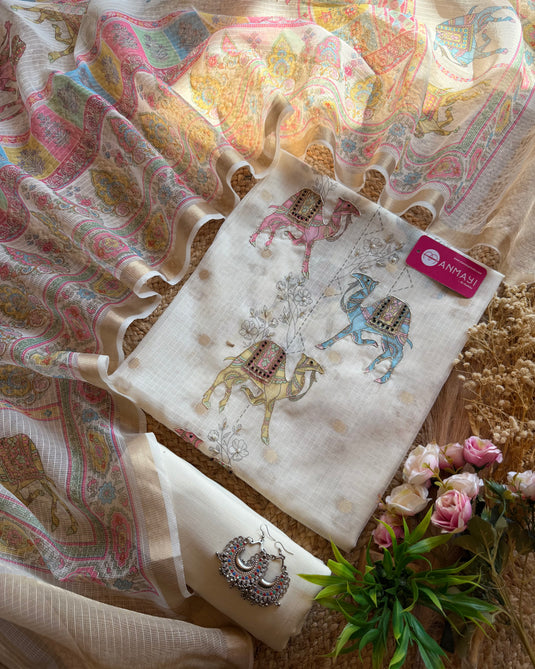 Camel highlights Kota Banarasi ivory suit set
