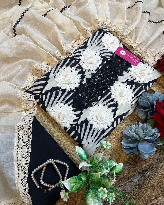 Abstract print crochet 3D neck cotton suit set