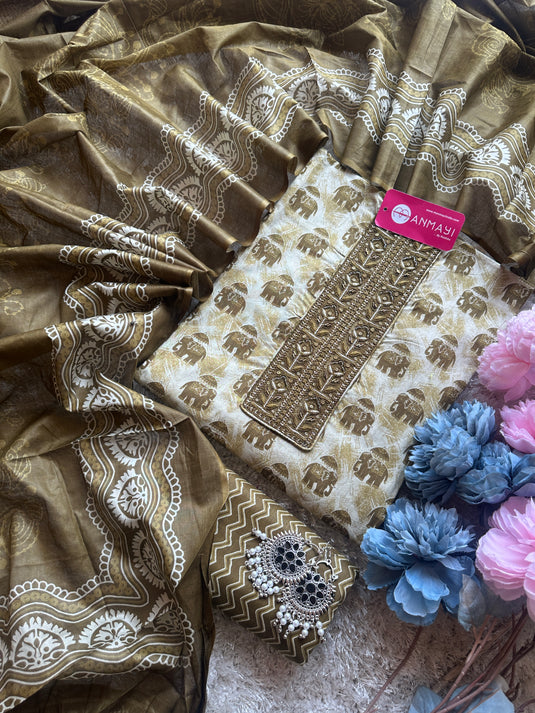 Elephant print cambric cotton suit set with cotton dupatta