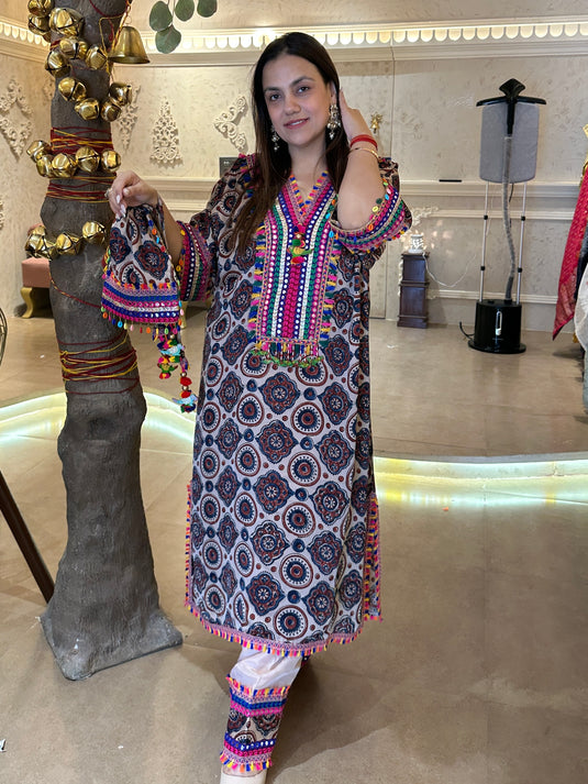 Farshi Salwar pure crepe ajrakh print stitched choga style set with potli