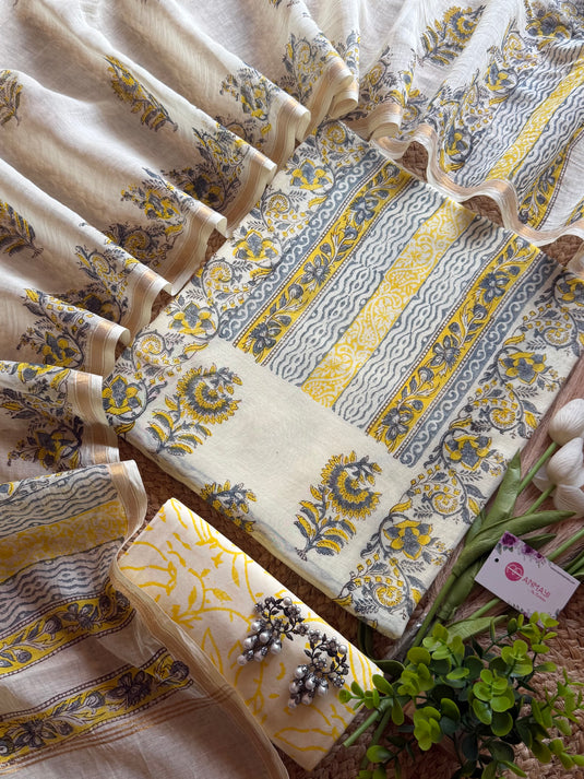 Mughal floral booti block print pure Mul Chanderi suit set