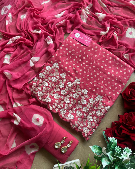 Batik print cambric cotton suit with aari work border and batik semi chiffon dupatta