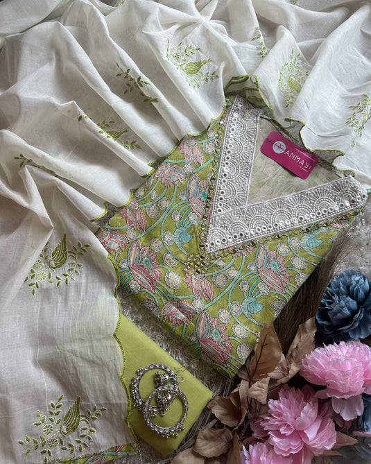 Digital print cambric cotton suit with crochet mirror v neck and embroidered cotton dupatta