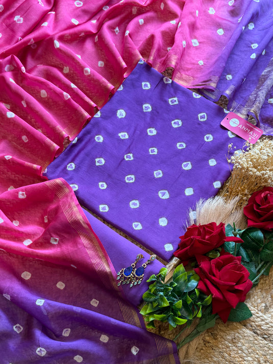 Pure Mul cotton Bandhani suit set with double shade dupatta
