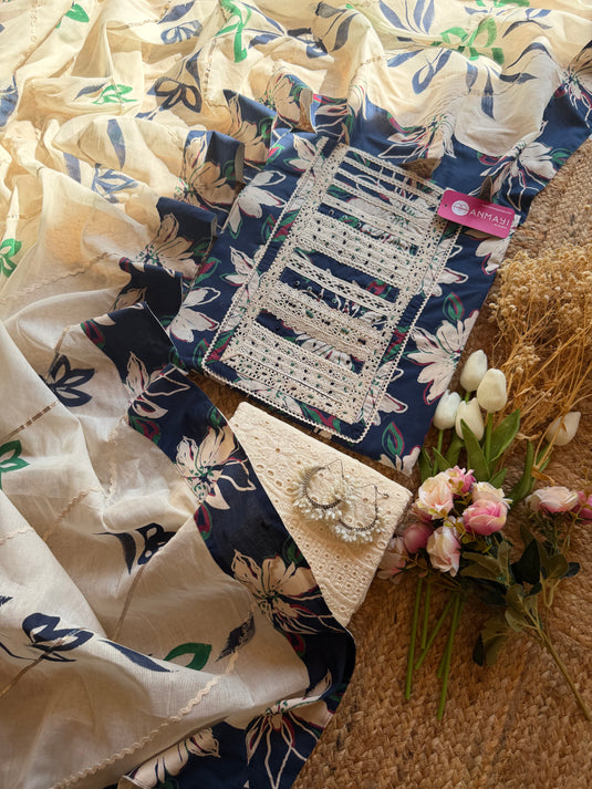 Cotton crochet pattern neck with handpaint dupatta